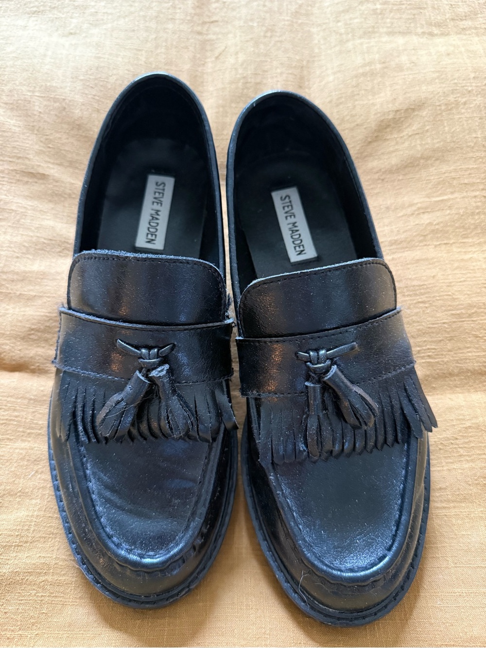 Steve Madden Women’s Black Leather Tassel Fringe Loafers